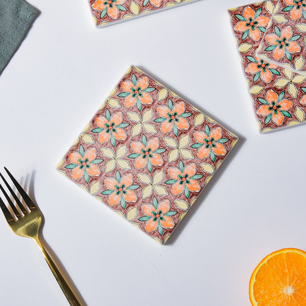 Mediterranean Matte Square Ceramic Coaster Set of 4 Nestasia
