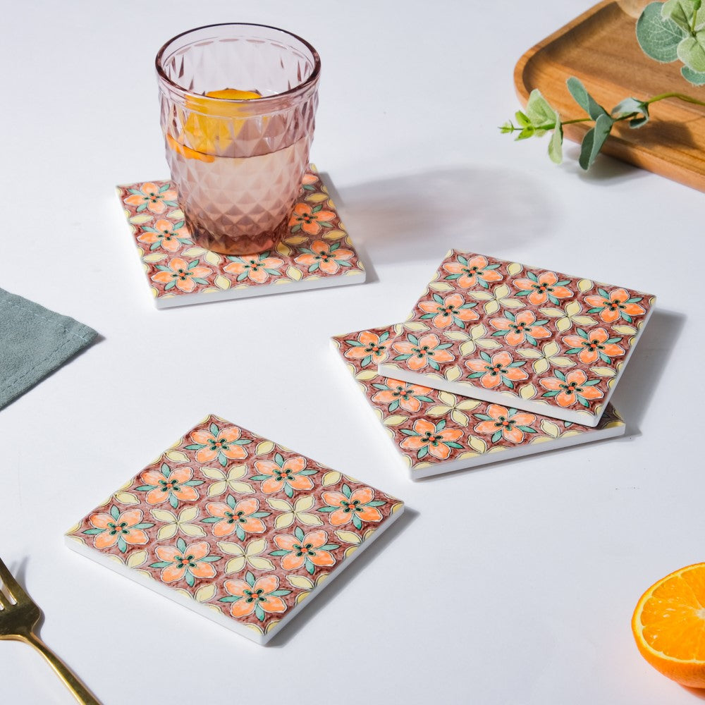Mediterranean Matte Square Ceramic Coaster Set of 4 Nestasia