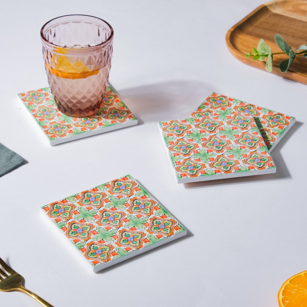Spanish Tile Art Matte Ceramic Coaster Set of 4