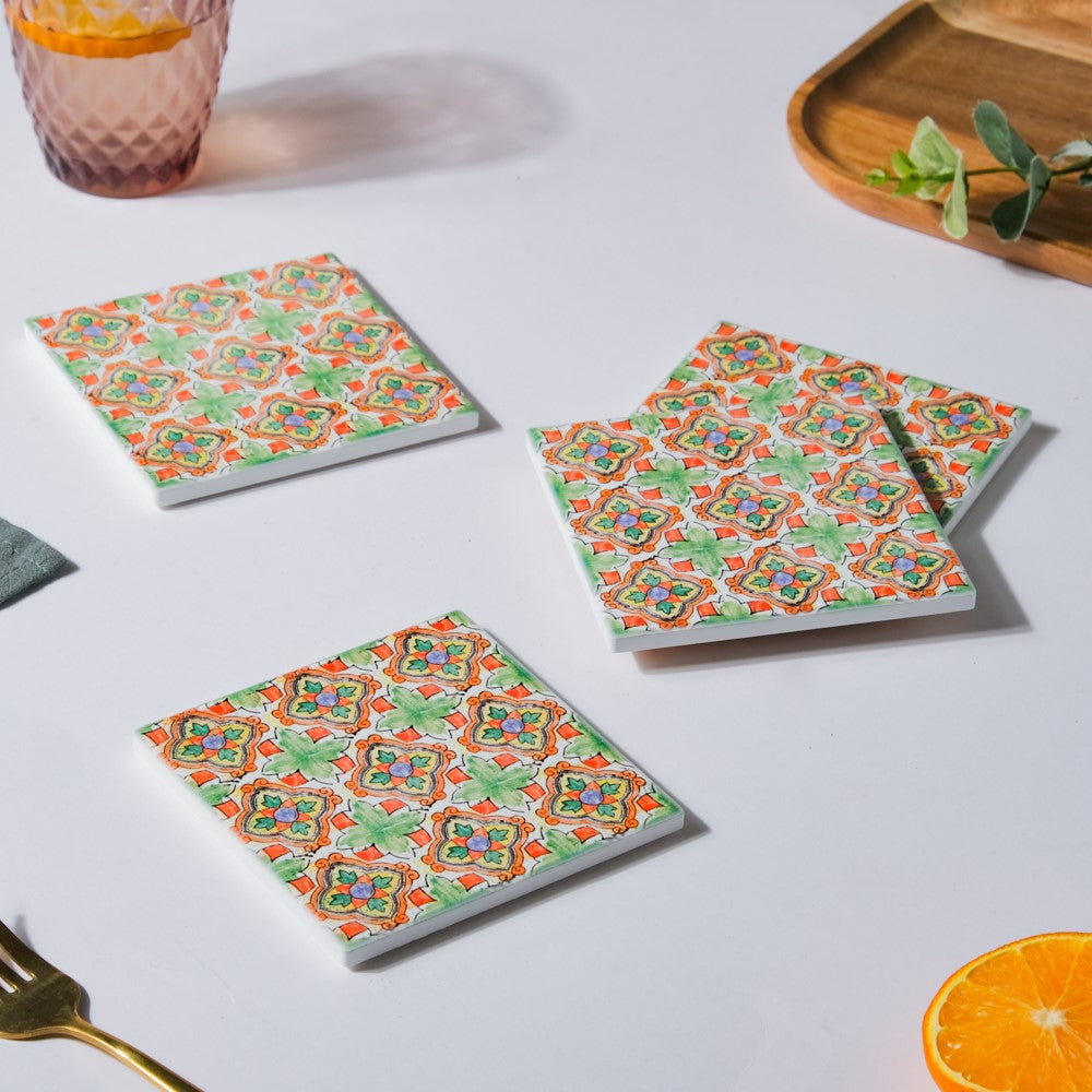 Spanish Tile Art Matte Ceramic Coaster Set of 4