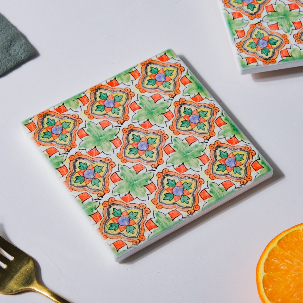Spanish Tile Art Matte Ceramic Coaster Set of 4