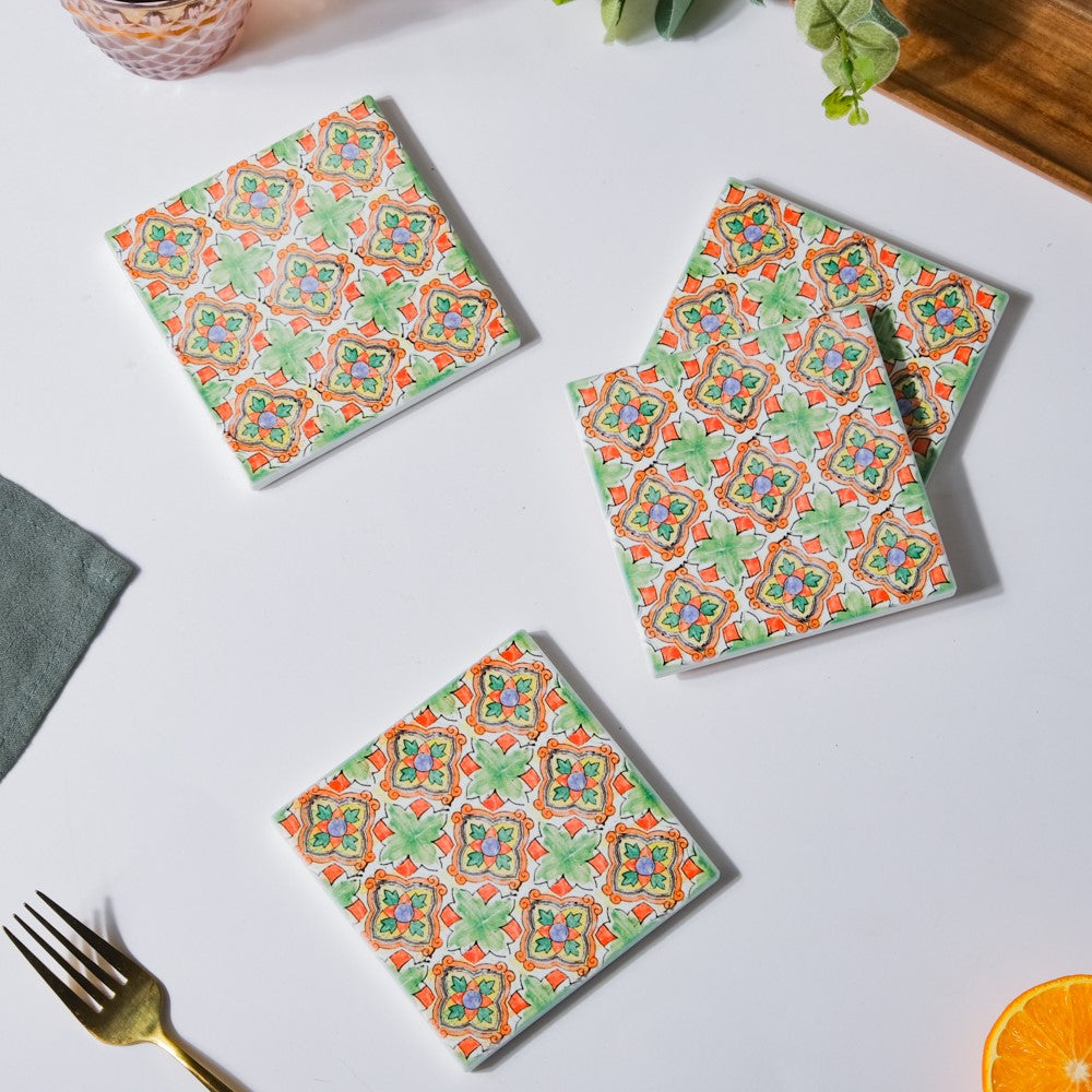 Spanish Tile Art Matte Ceramic Coaster Set of 4