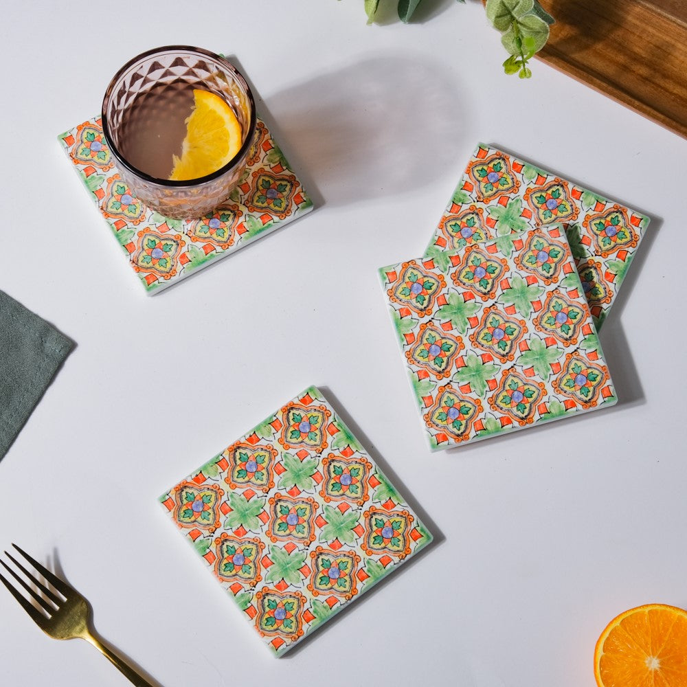 Spanish Tile Art Matte Ceramic Coaster Set of 4