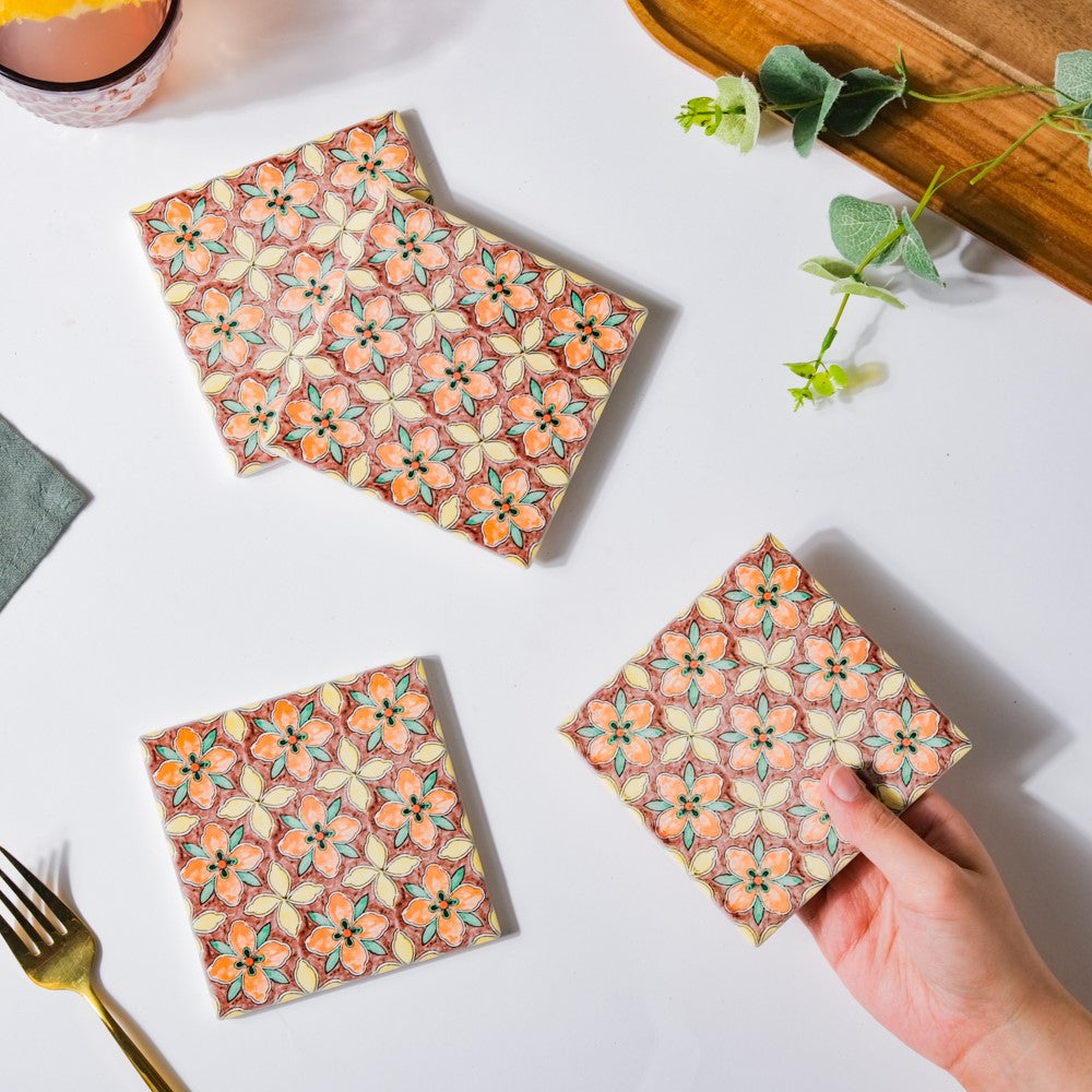Mediterranean Matte Square Ceramic Coaster Set of 4 Nestasia