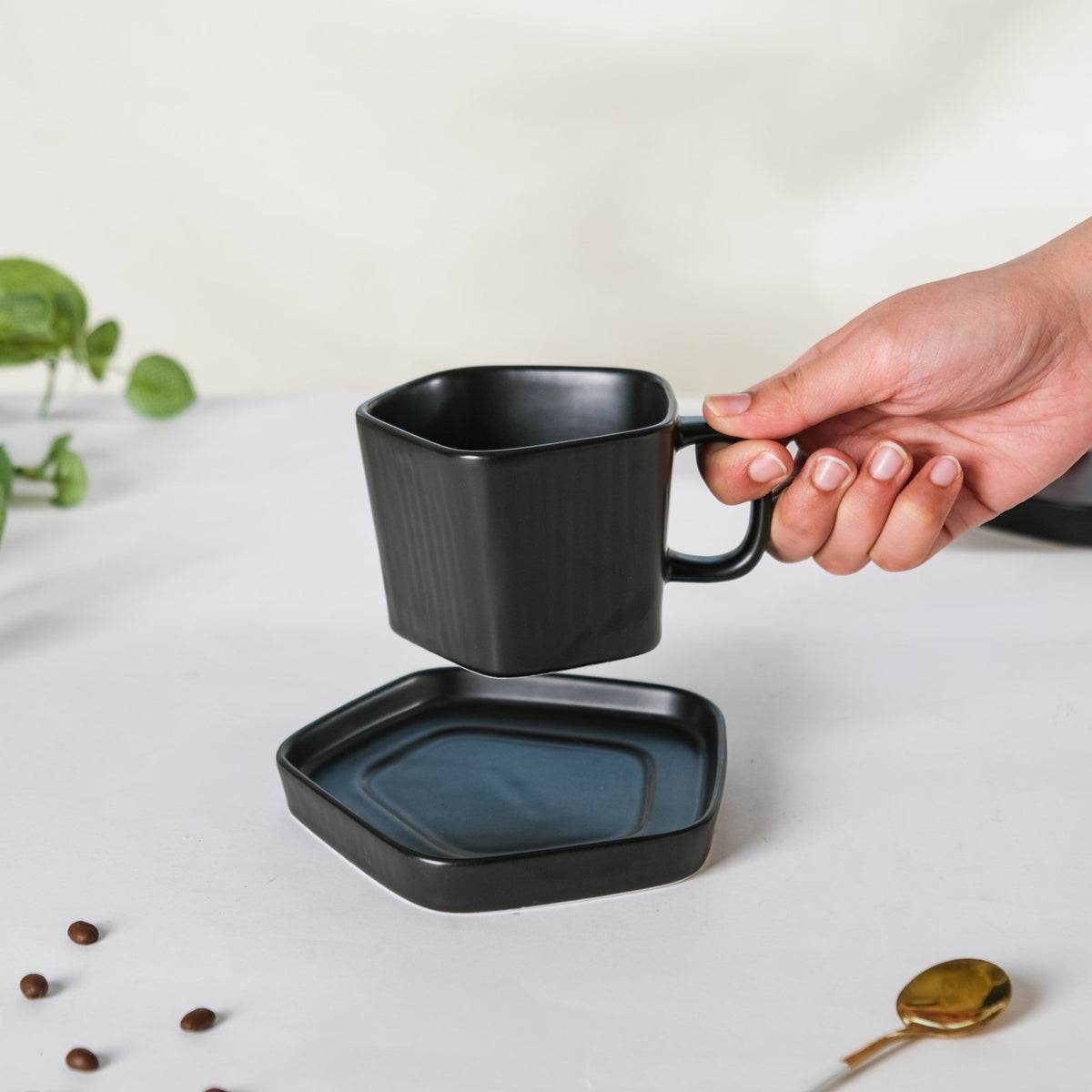 Pentagon Mug with Saucer Black Nestasia