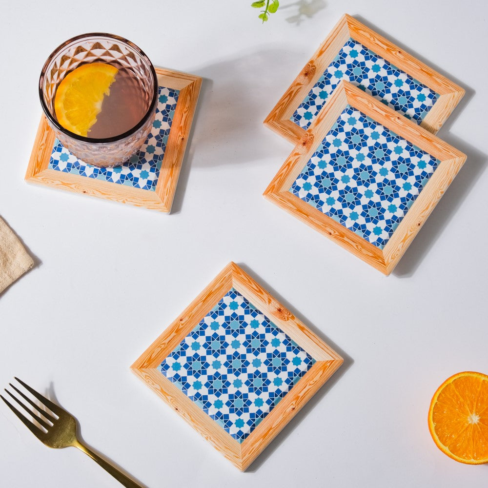 Blue Square Zellij Art Ceramic Coaster Set Of 4 Nestasia
