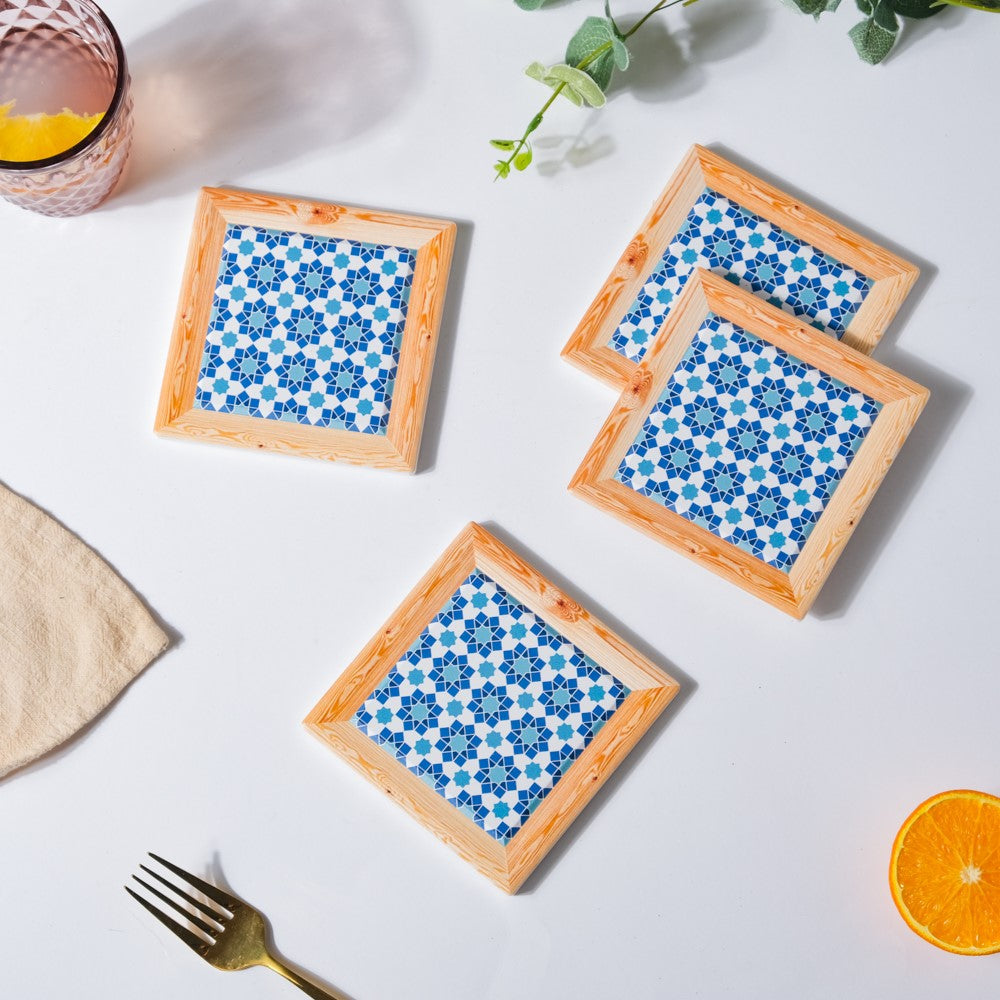 Blue Square Zellij Art Ceramic Coaster Set Of 4 Nestasia