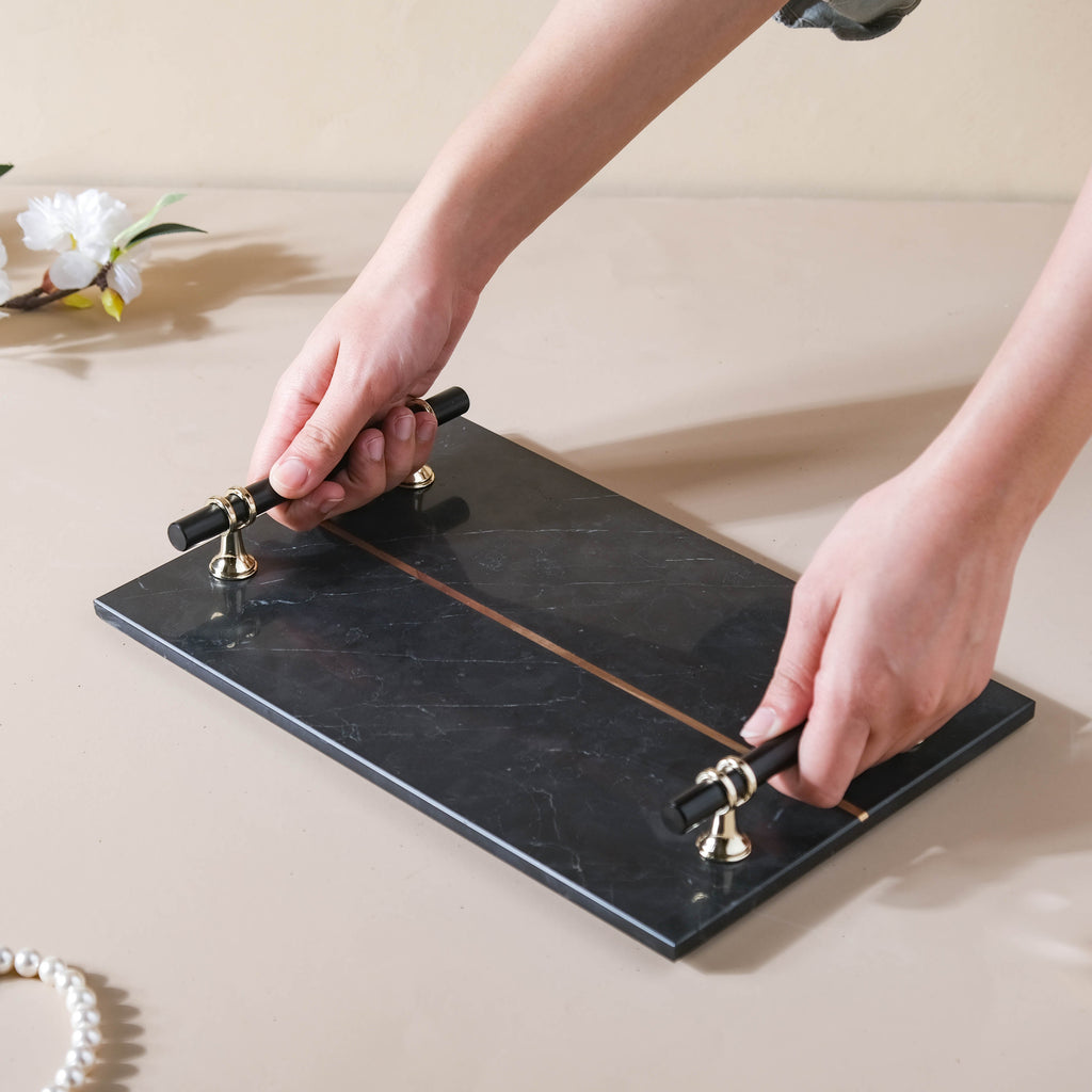 Rectangle Marble Tray With Metal Handle Nestasia