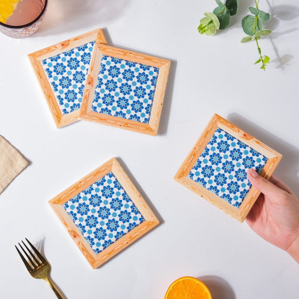 Blue Square Zellij Art Ceramic Coaster Set Of 4 Nestasia