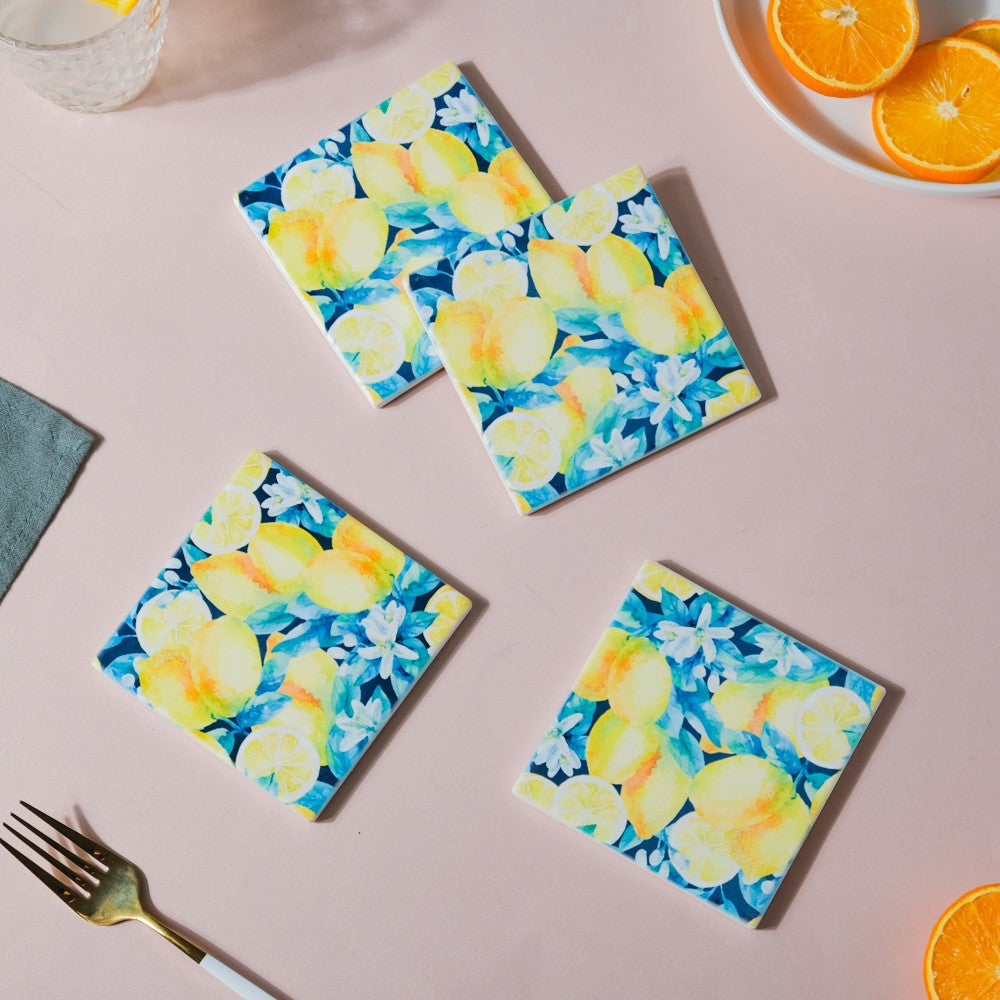 Lemon Matte Ceramic Square Tile Coaster Set Of 4 Nestasia