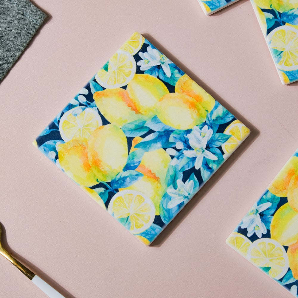 Lemon Matte Ceramic Square Tile Coaster Set Of 4 Nestasia