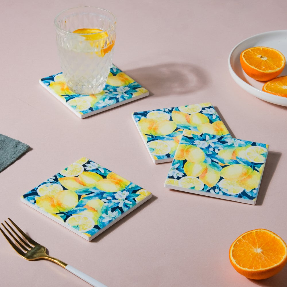 Lemon Matte Ceramic Square Tile Coaster Set Of 4 Nestasia