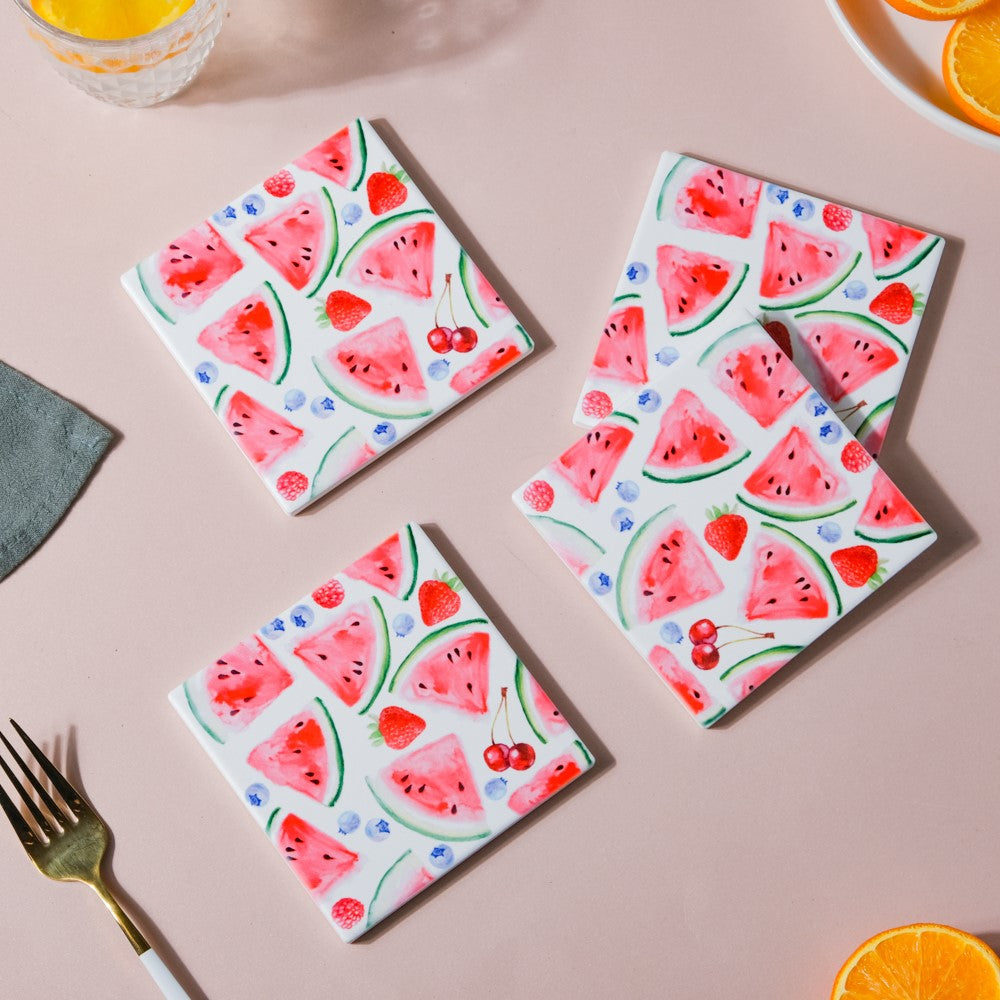 Watermelon Matte Ceramic Tile Coaster Set Of 4 Nestasia
