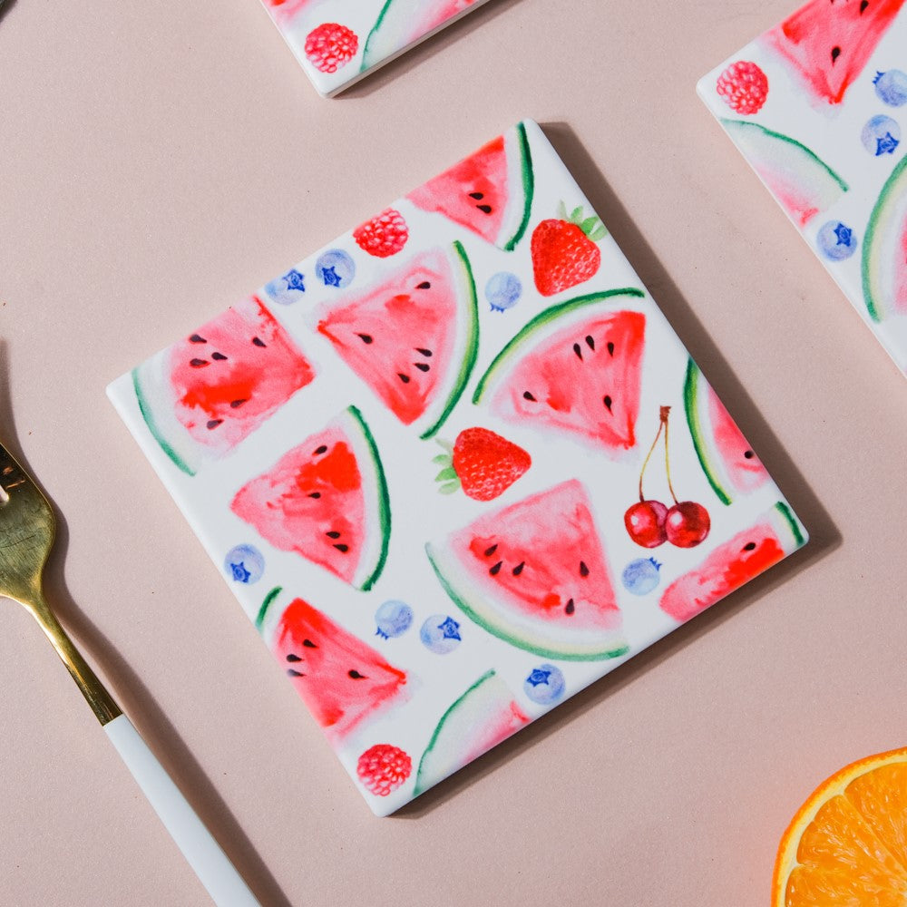 Watermelon Matte Ceramic Tile Coaster Set Of 4 Nestasia
