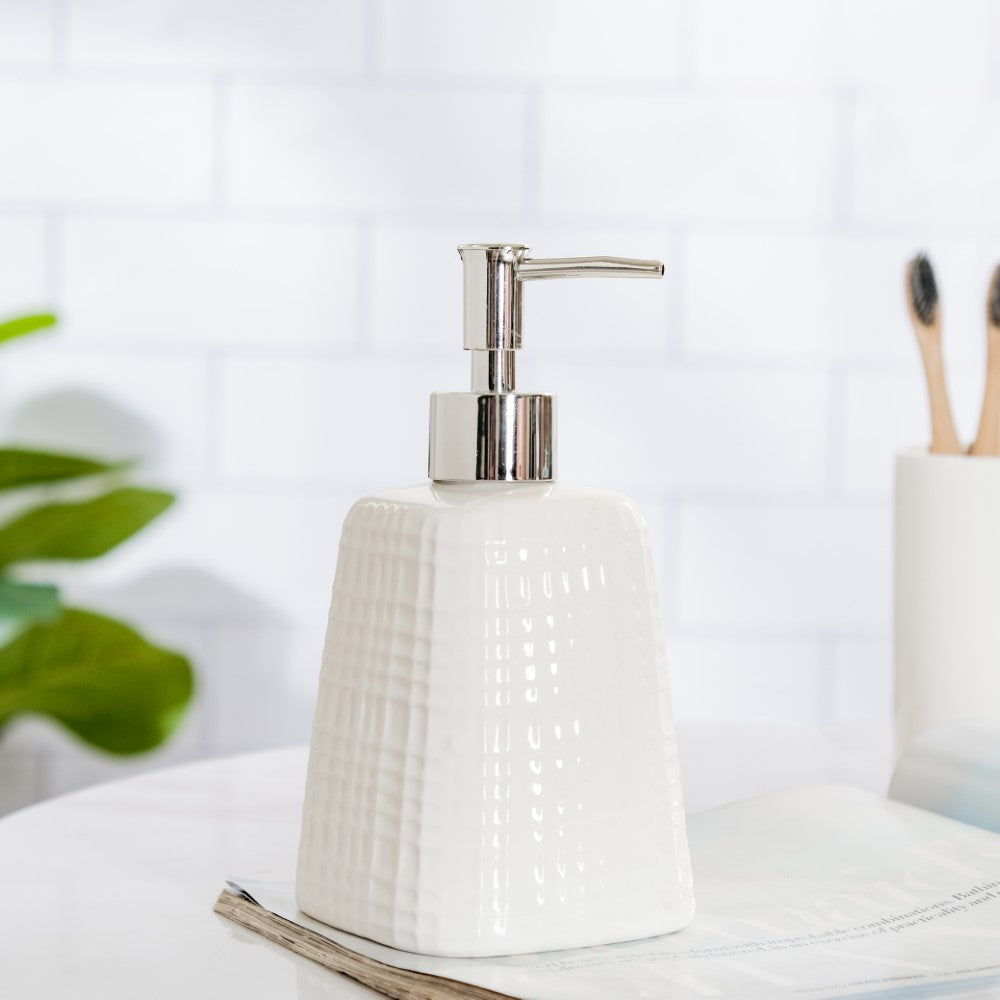Geometric Ceramic Pump Dispenser White 7 Inch Nestasia