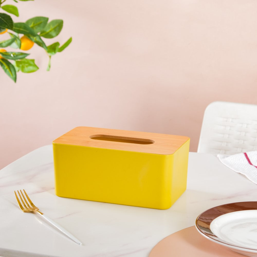 Tissue Box With Wooden Lid Yellow Nestasia