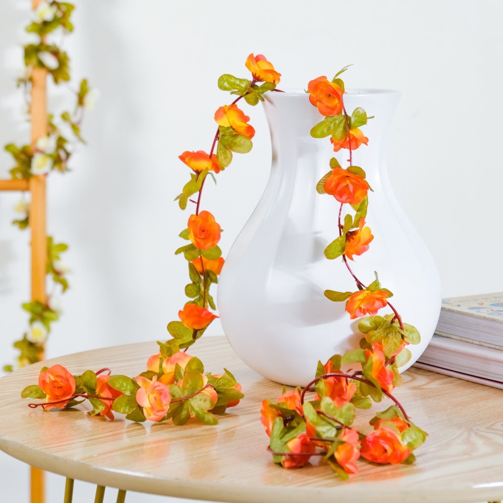 Faux Roses And Leaves Vine Orange Nestasia