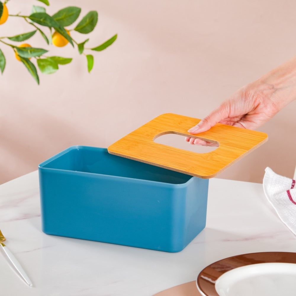 Tissue Box With Wooden Lid Blue Nestasia