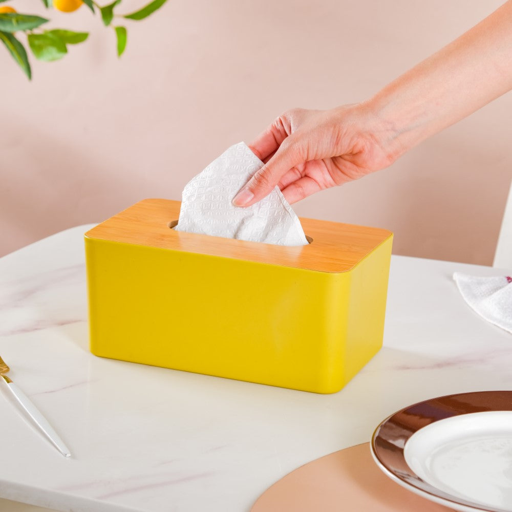 Tissue Box With Wooden Lid Yellow Nestasia