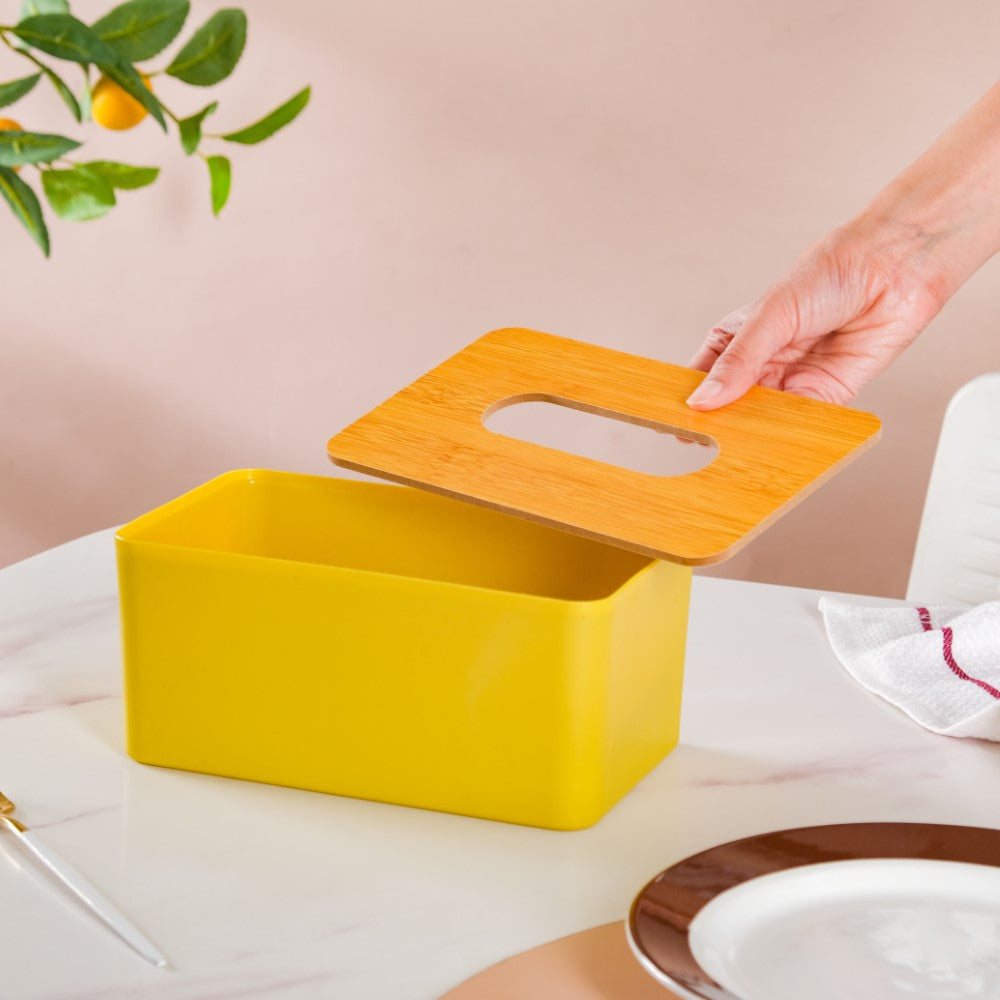 Tissue Box With Wooden Lid Yellow Nestasia