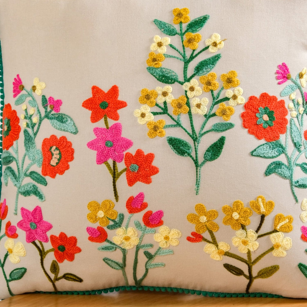 Meadow Blooms Embroidered Cotton Cushion Cover 40x40cm Nestasia
