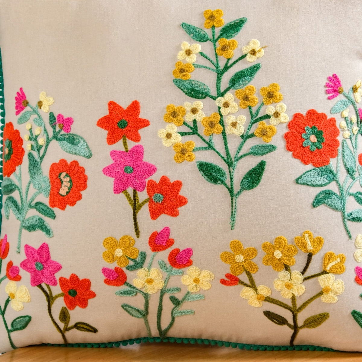 Meadow Blooms Embroidered Cotton Cushion Cover 40x40cm Nestasia