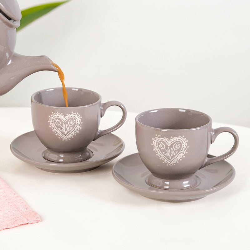 Hearty Ceramic Tea Cup And Saucer Set Of 2 Grey 200ml Nestasia