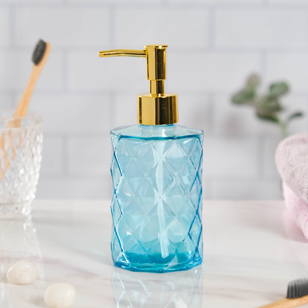 Ocean Blue Textured Glass Dispenser With Nozzle Nestasia