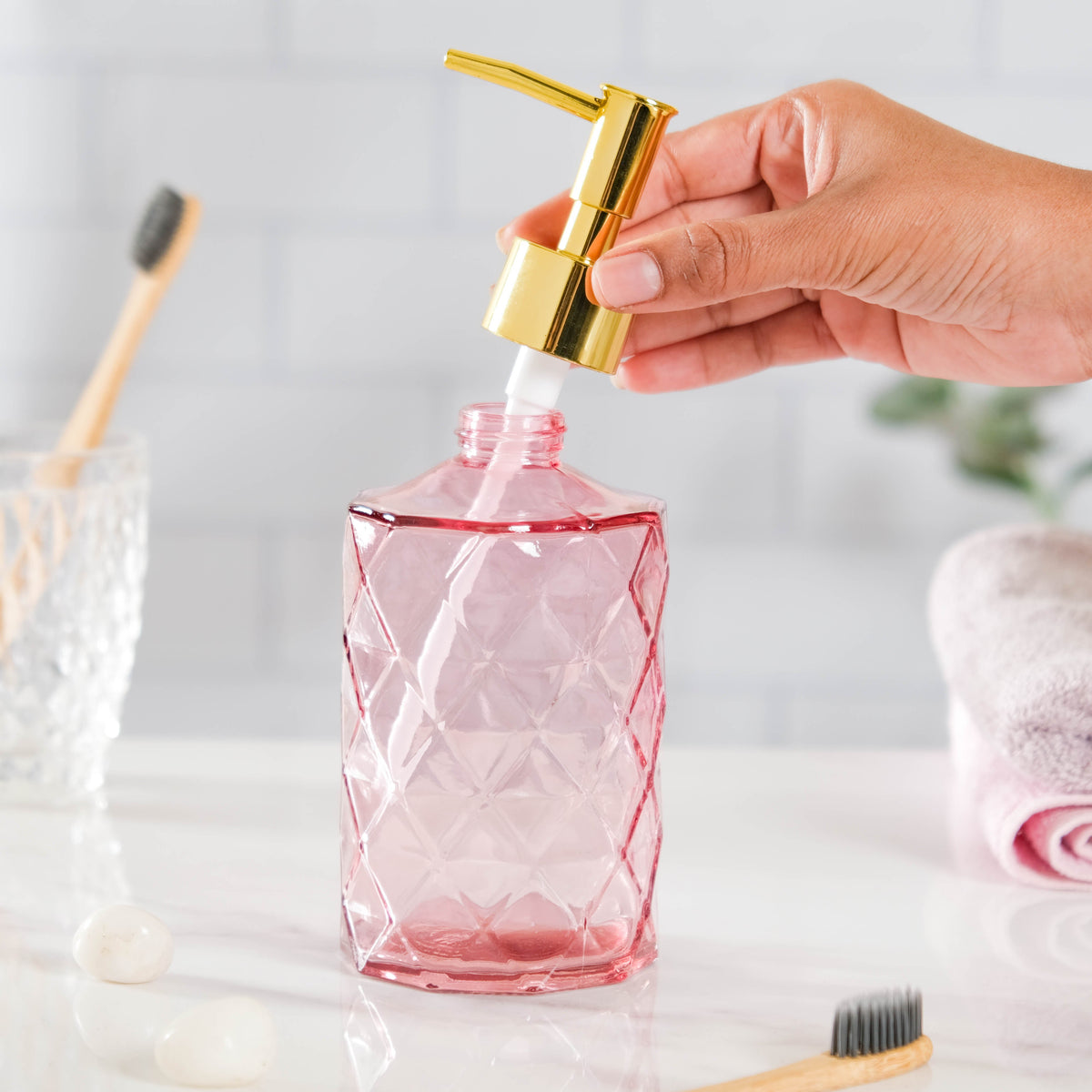 Regal Pink Textured Glass Dispenser With Nozzle Nestasia