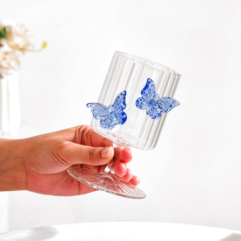 3D Butterfly Detailing Ribbed Wine Glass Blue 250ml Nestasia