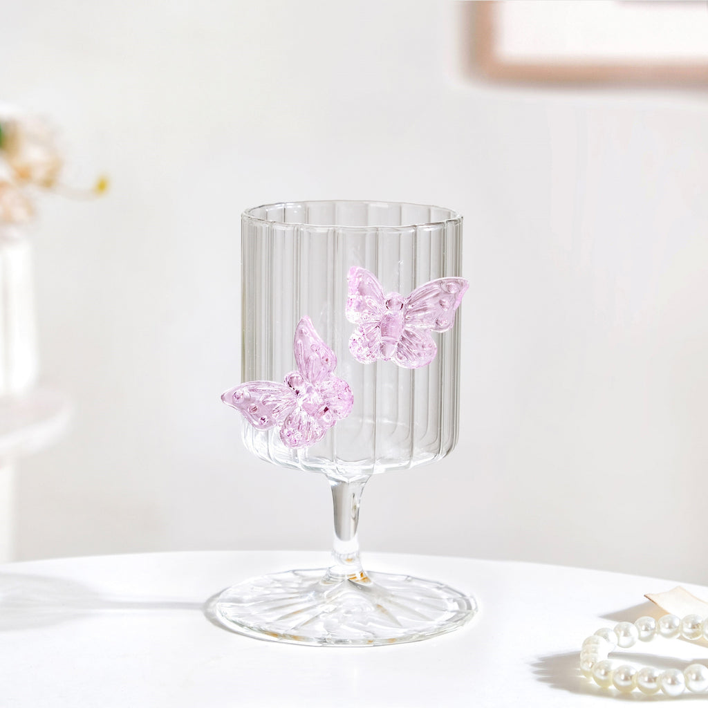 3D Pink Butterfly Ribbed Wine Glass 250ml Nestasia