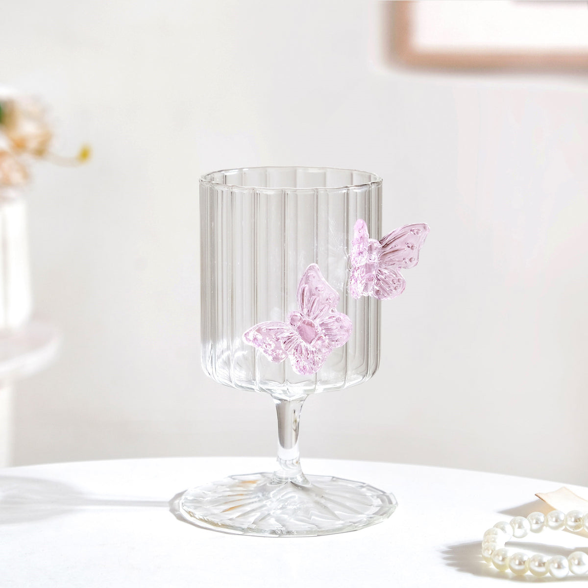 3D Pink Butterfly Ribbed Wine Glass 250ml Nestasia