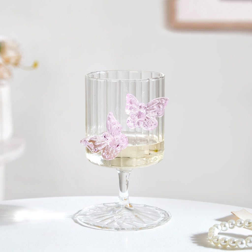 3D Pink Butterfly Ribbed Wine Glass 250ml Nestasia
