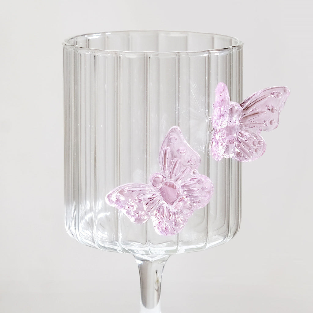 3D Pink Butterfly Ribbed Wine Glass 250ml Nestasia