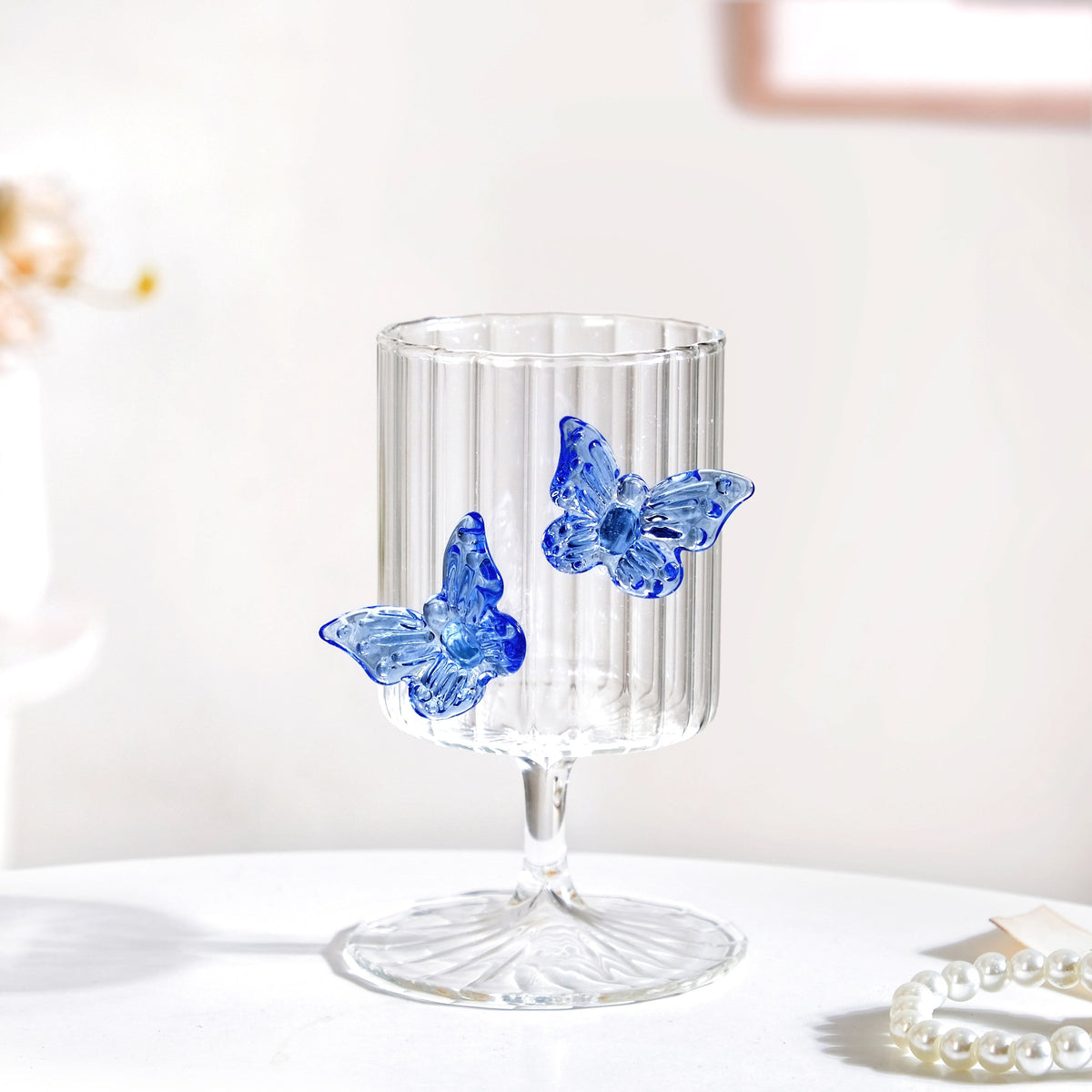 3D Butterfly Detailing Ribbed Wine Glass Blue 250ml Nestasia