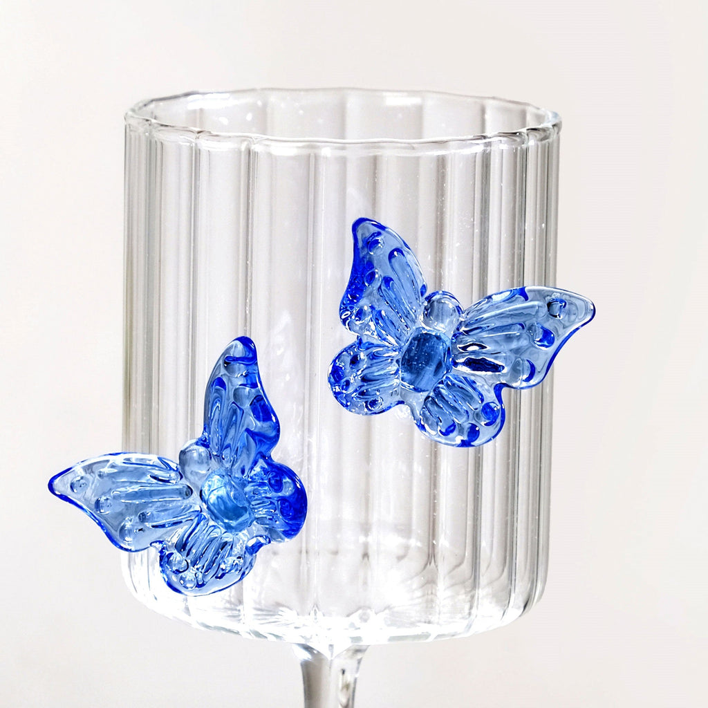 3D Butterfly Detailing Ribbed Wine Glass Blue 250ml Nestasia