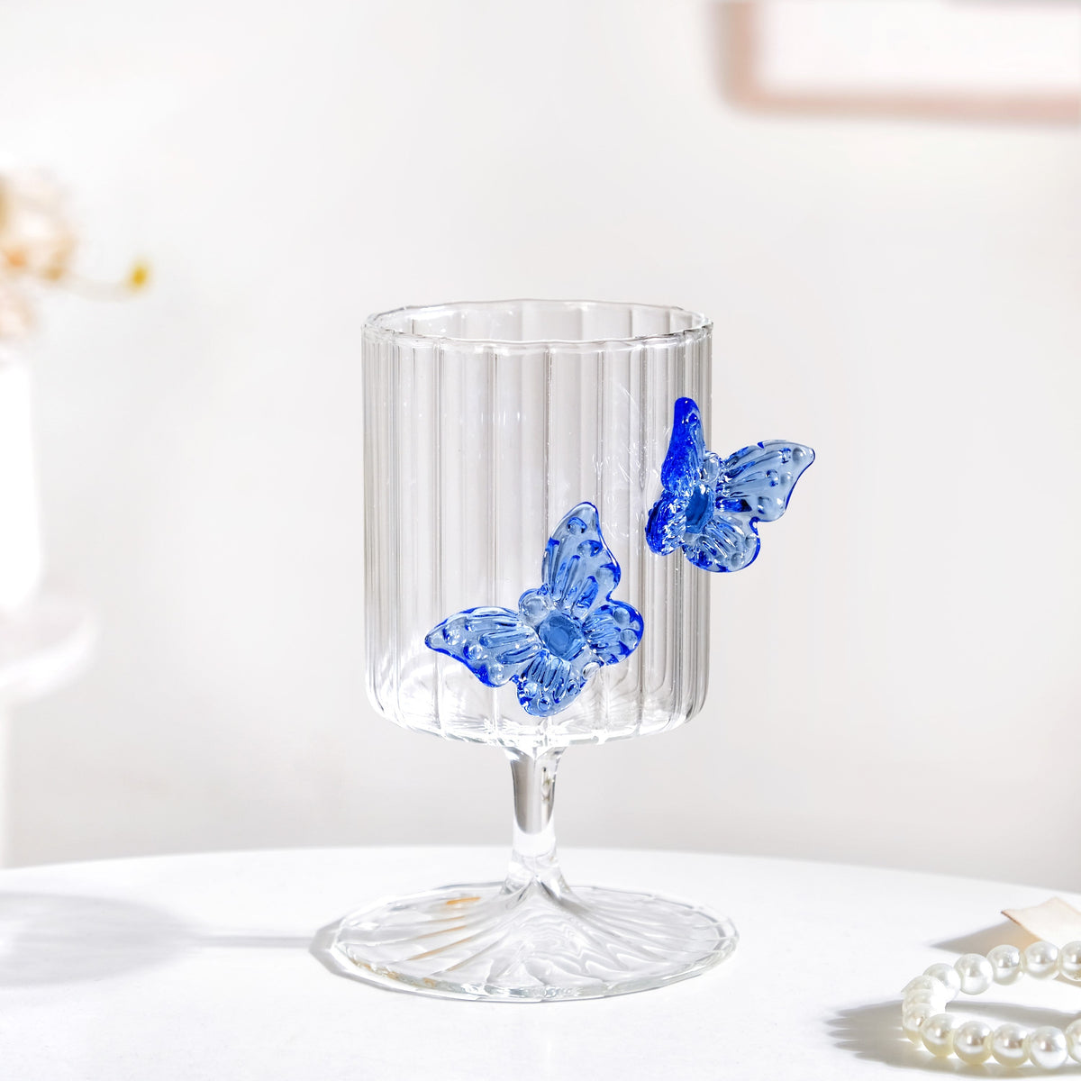 3D Butterfly Detailing Ribbed Wine Glass Blue 250ml Nestasia
