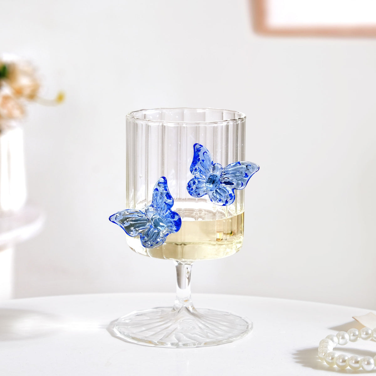 3D Butterfly Detailing Ribbed Wine Glass Blue 250ml Nestasia