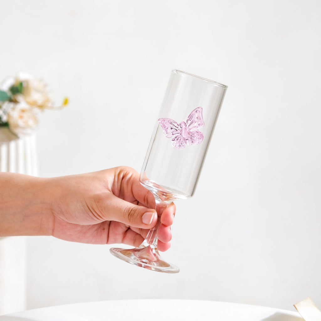 3D Pink Butterfly Stem Glass 190ml Nestasia