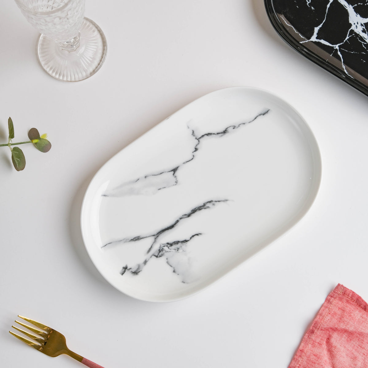 Marble Patterned Oval White Platter 10 Inch Nestasia