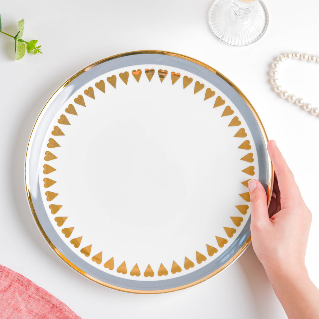 Ring Of Hearts Grey Gold Dinner Plate 11 inch Nestasia