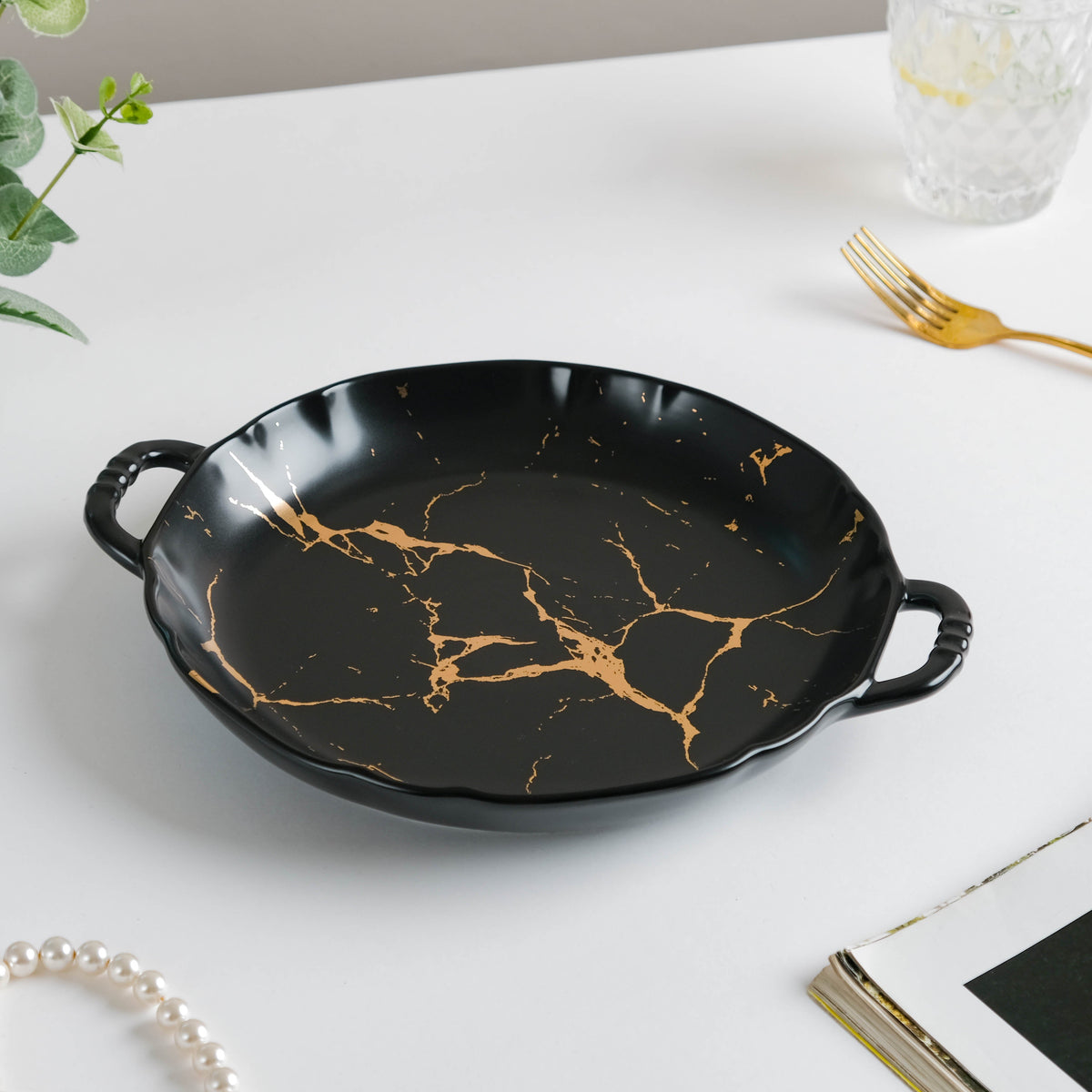 Marble Plate With Handles 8.5 Inch Black Nestasia
