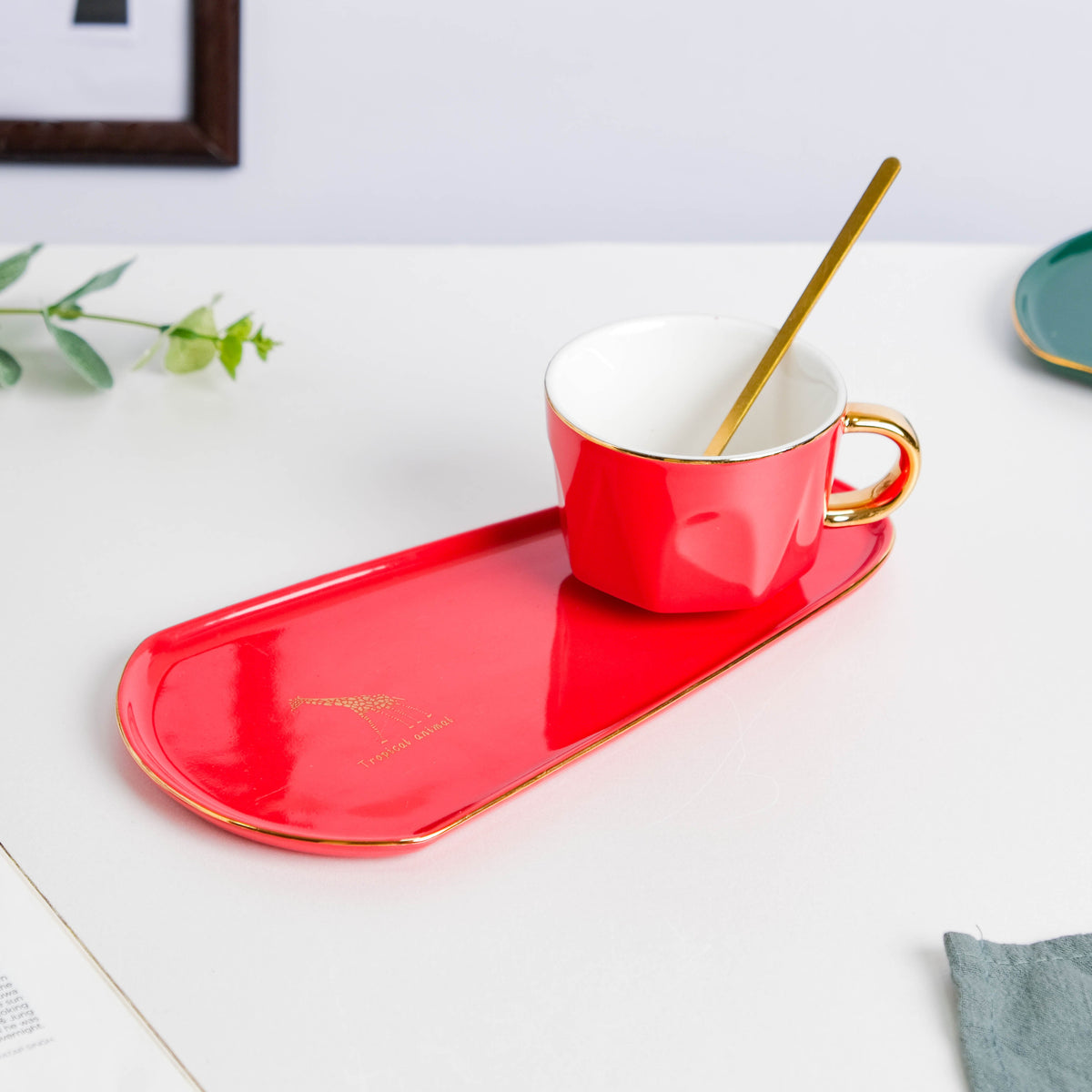 Brewtiful Glazed Ceramic Cup and Tray Set Red 150 ml Nestasia