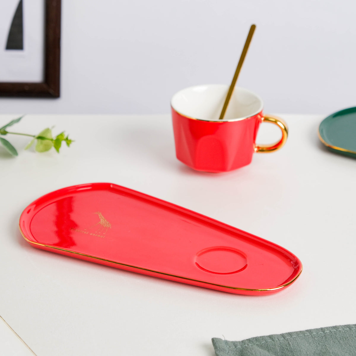 Brewtiful Glazed Ceramic Cup and Tray Set Red 150 ml Nestasia