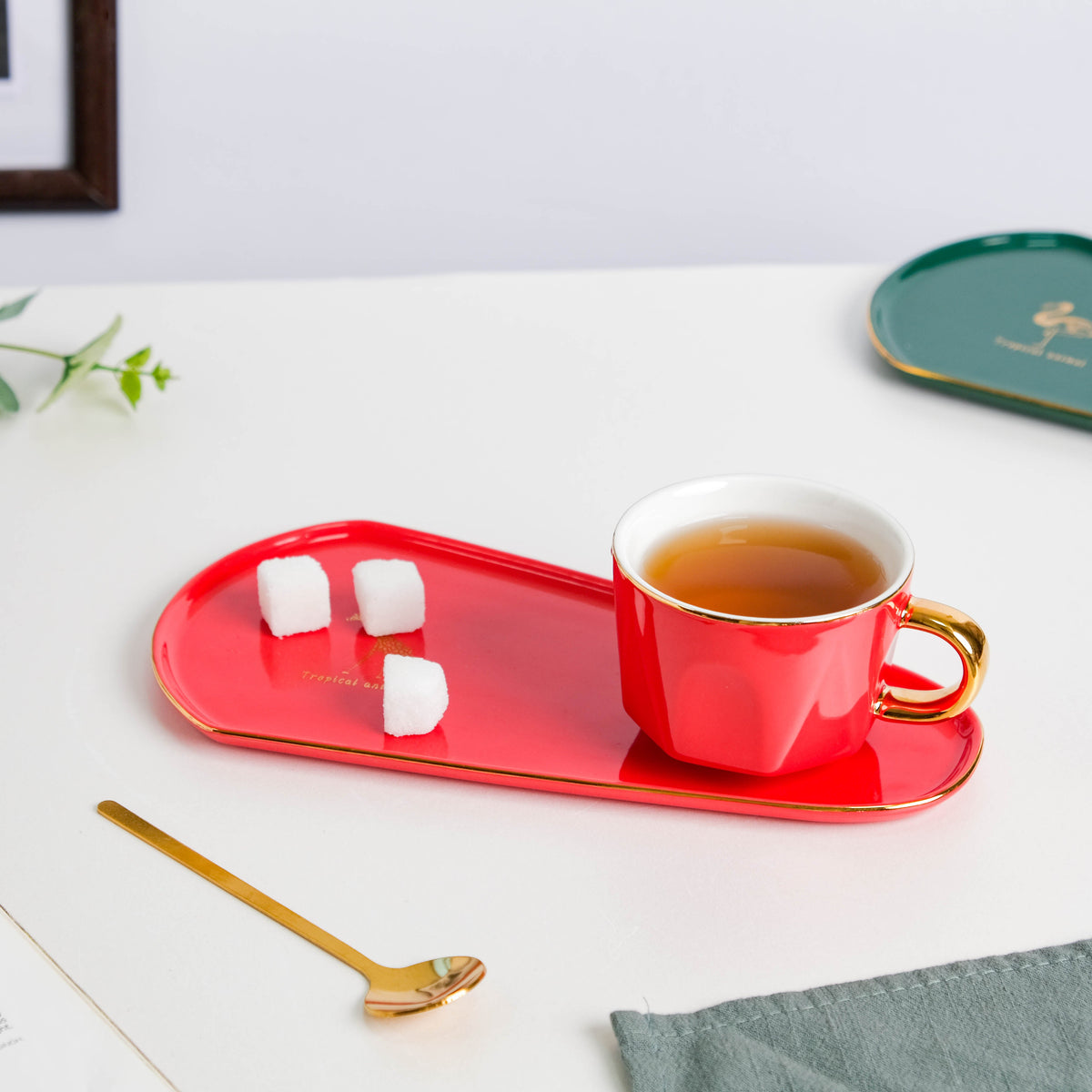 Brewtiful Glazed Ceramic Cup and Tray Set Red 150 ml Nestasia
