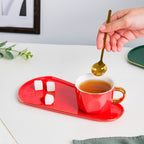 Brewtiful Glazed Ceramic Cup and Tray Set Red 150 ml Nestasia
