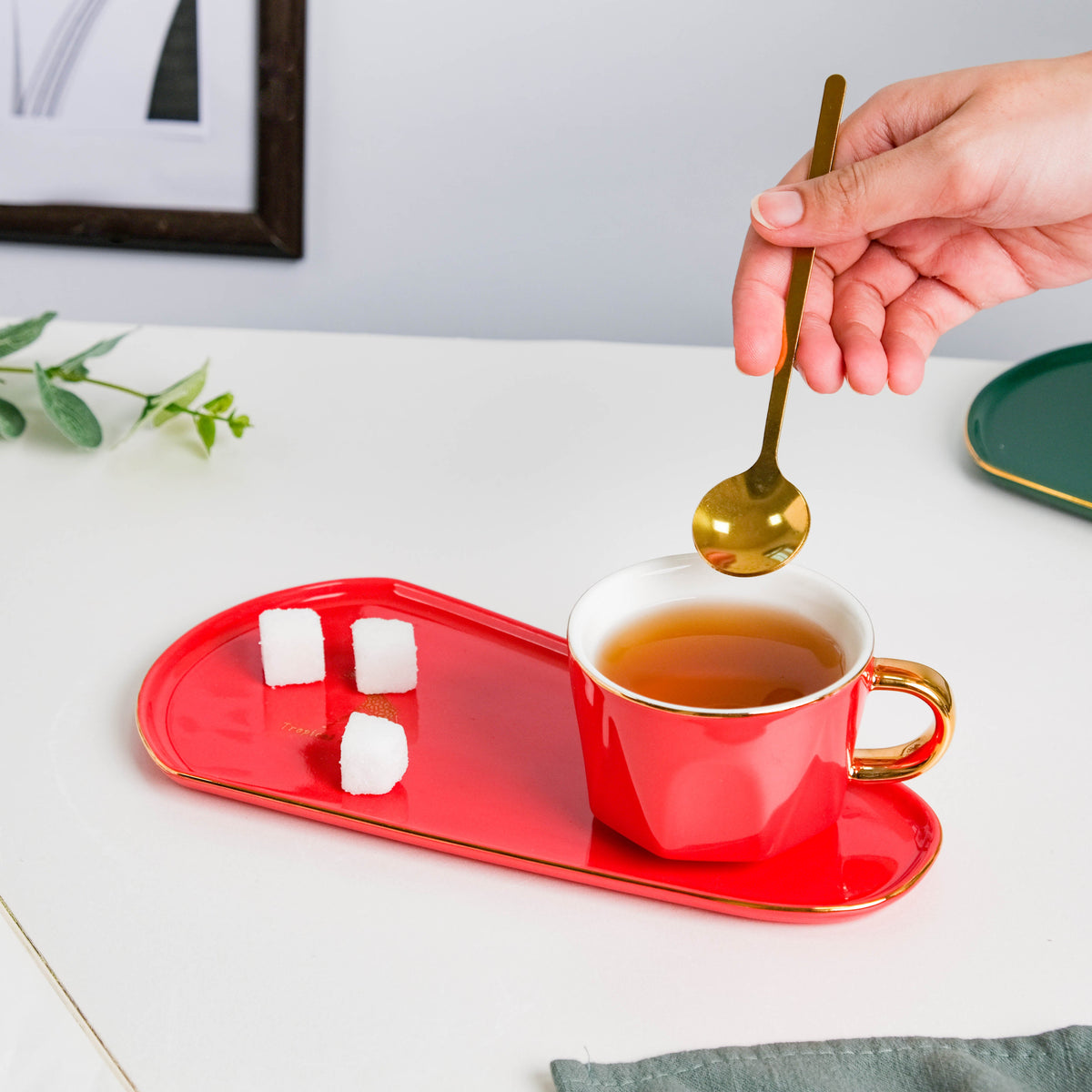 Brewtiful Glazed Ceramic Cup and Tray Set Red 150 ml Nestasia