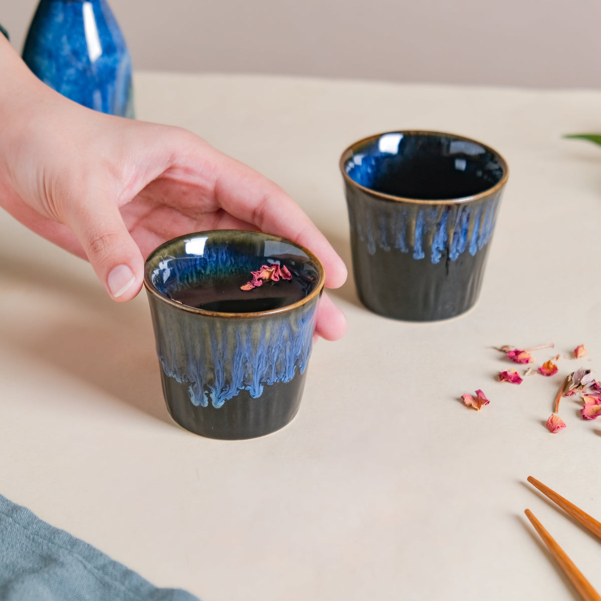 Sapphire Ceramic Tea Tumbler Blue Set Of 2 100 ml Nestasia