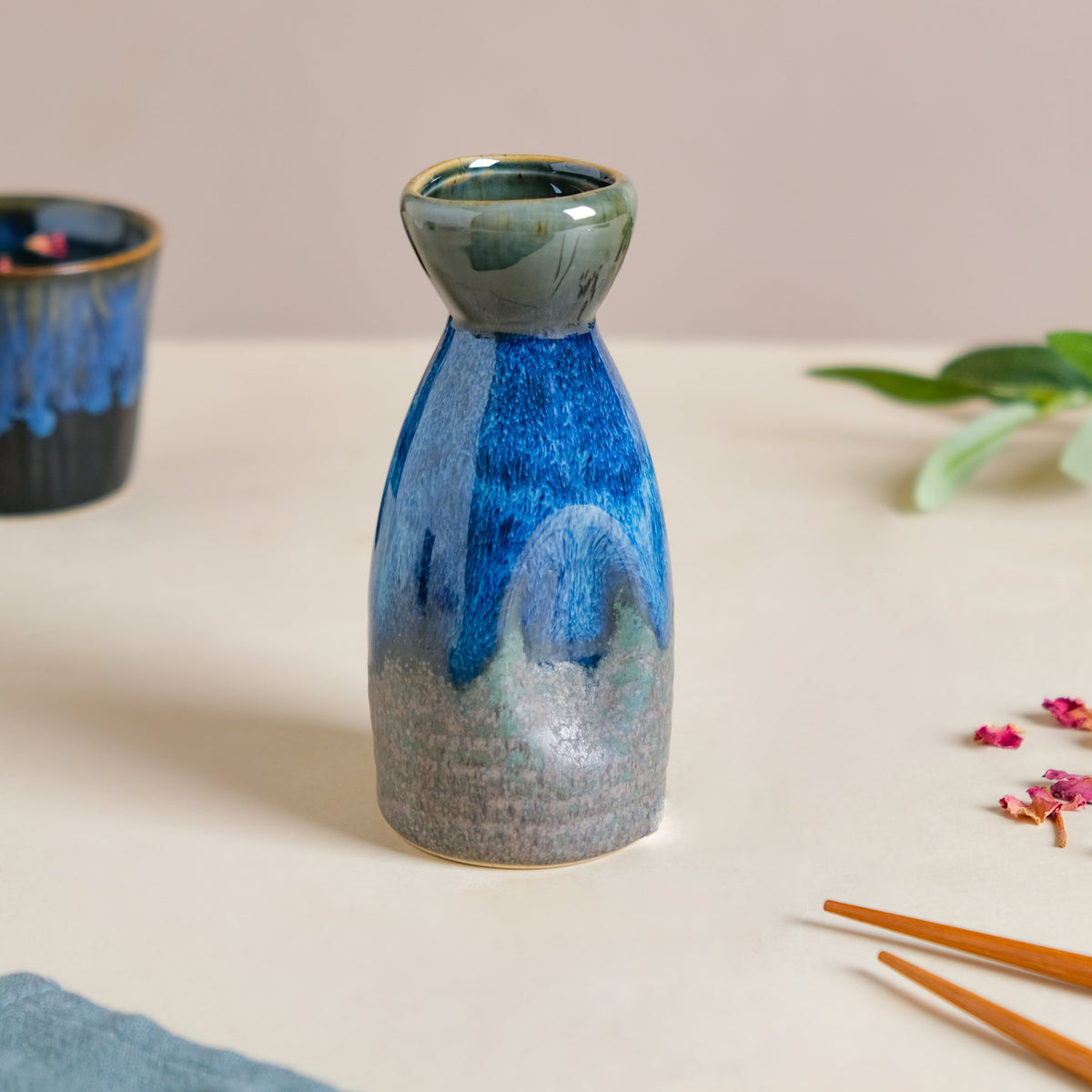 Sapphire Ceramic Stoneware Mini Sake Flask Blue 120 ml Nestasia