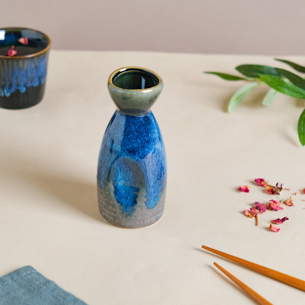 Sapphire Ceramic Stoneware Mini Sake Flask Blue 120 ml Nestasia